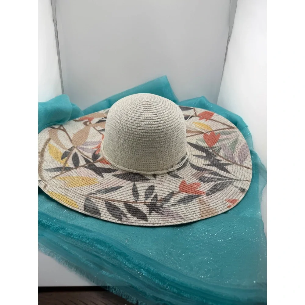 Lucky‎ 7 USA Womens Wide Brim Paper Straw Sun Hat Floral UV Protection Cream